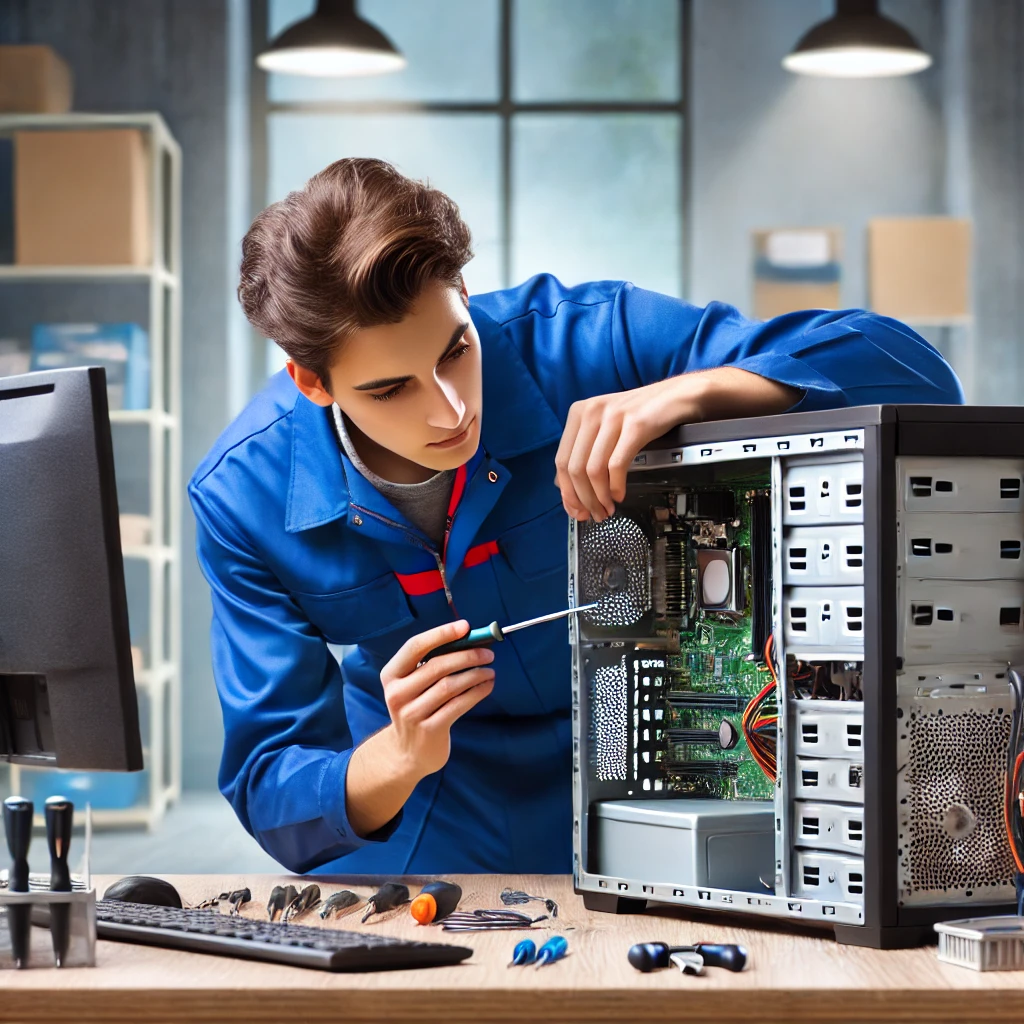 Technicien dépannant un ordinateur